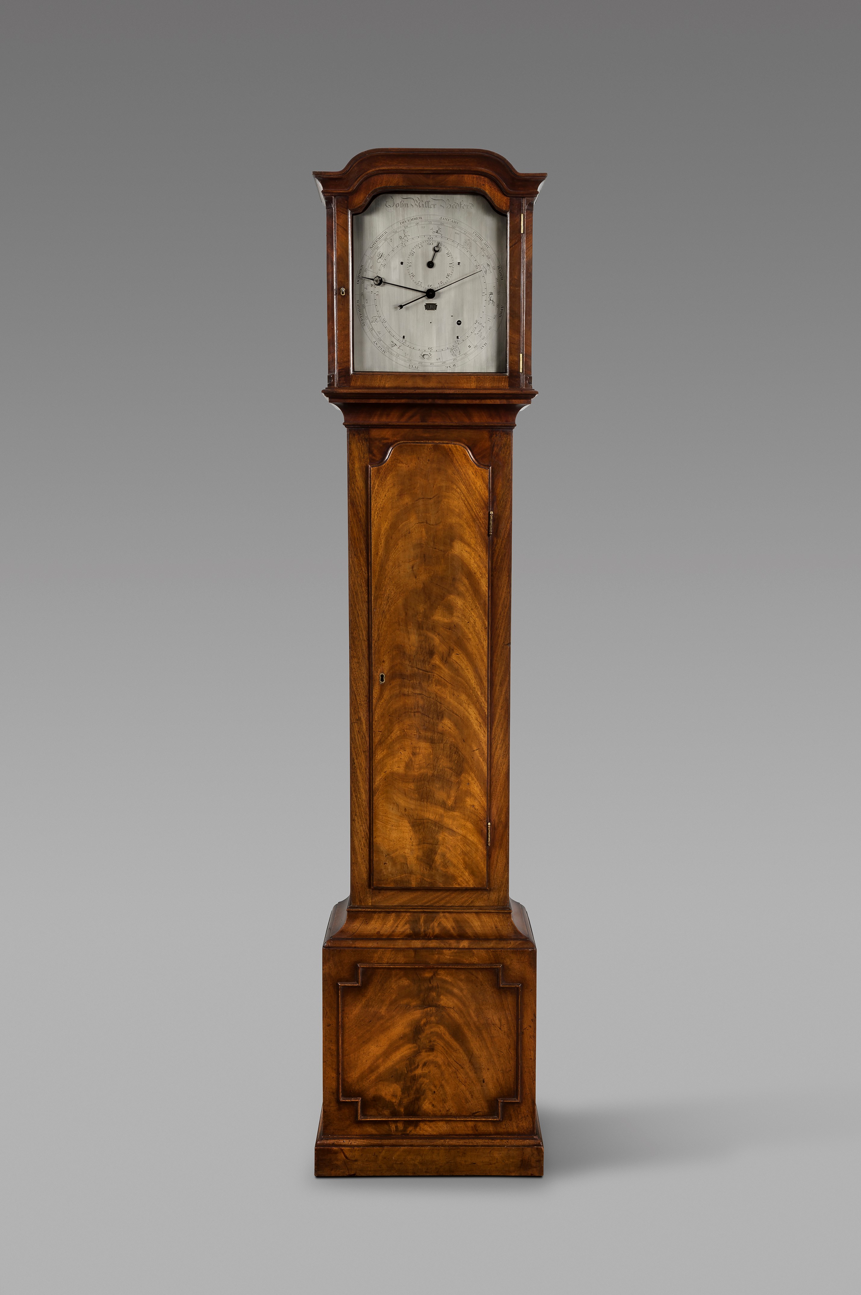 ANTIQUE REGENCY YEAR CALENDAR MAHOGANY LONGCASE CLOCK BY JOHN MILLER OF BEDFORD